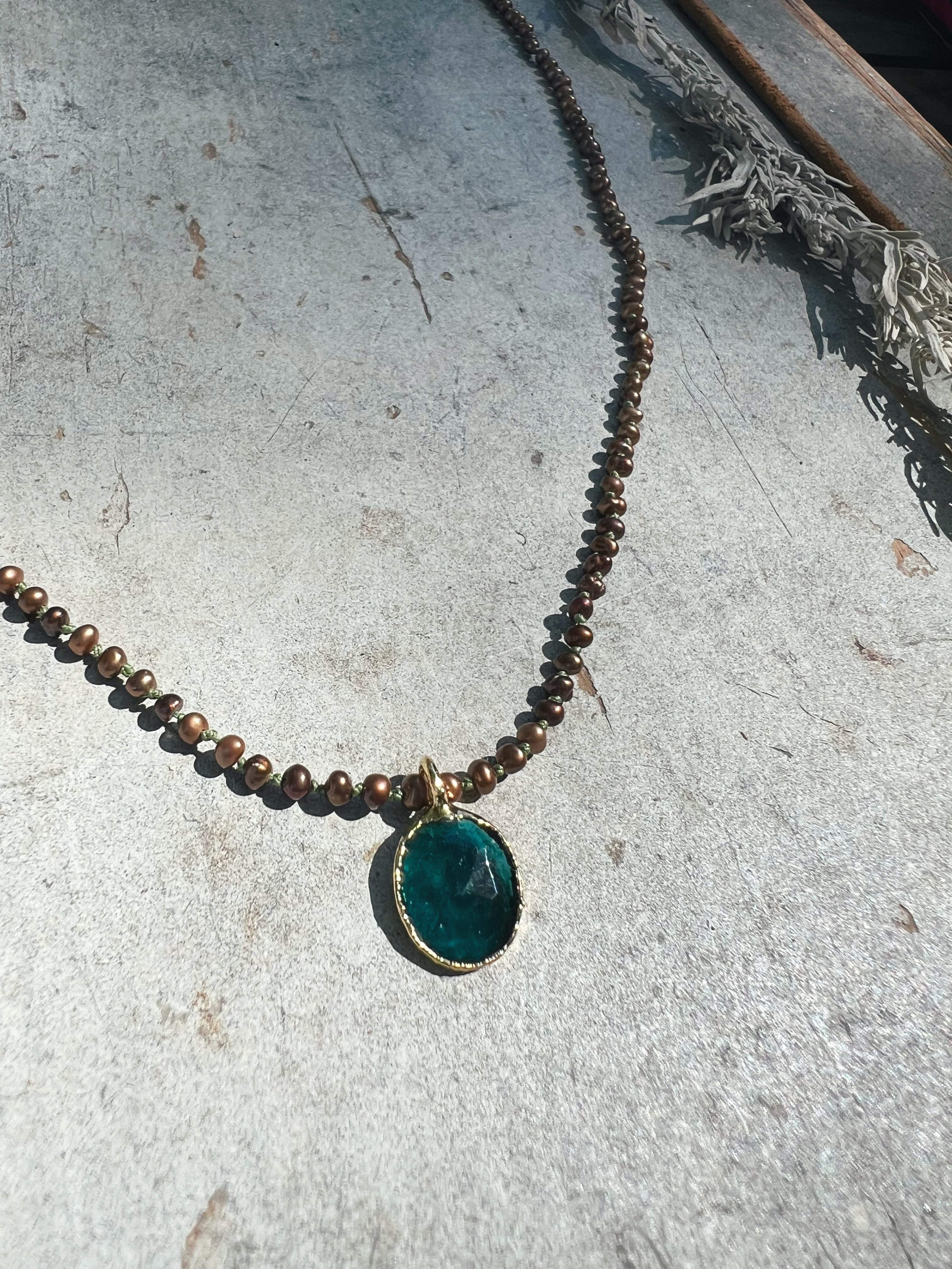 Chocolate Pearls and Teal Roman Glass in Gold Sea Ox
