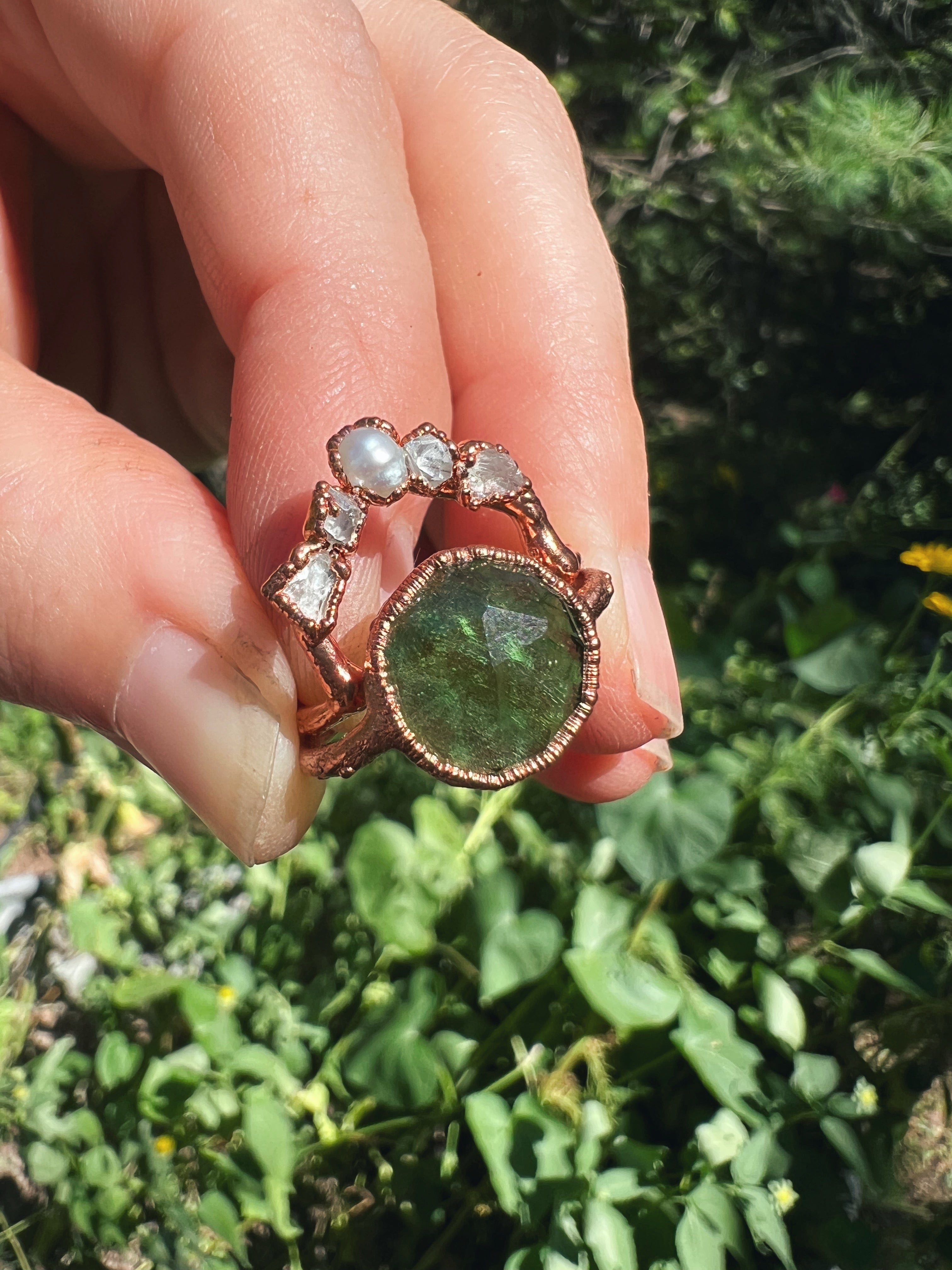 Roman Glass, Herkimer Diamond, Phenacite fairy ring stack Sea Ox