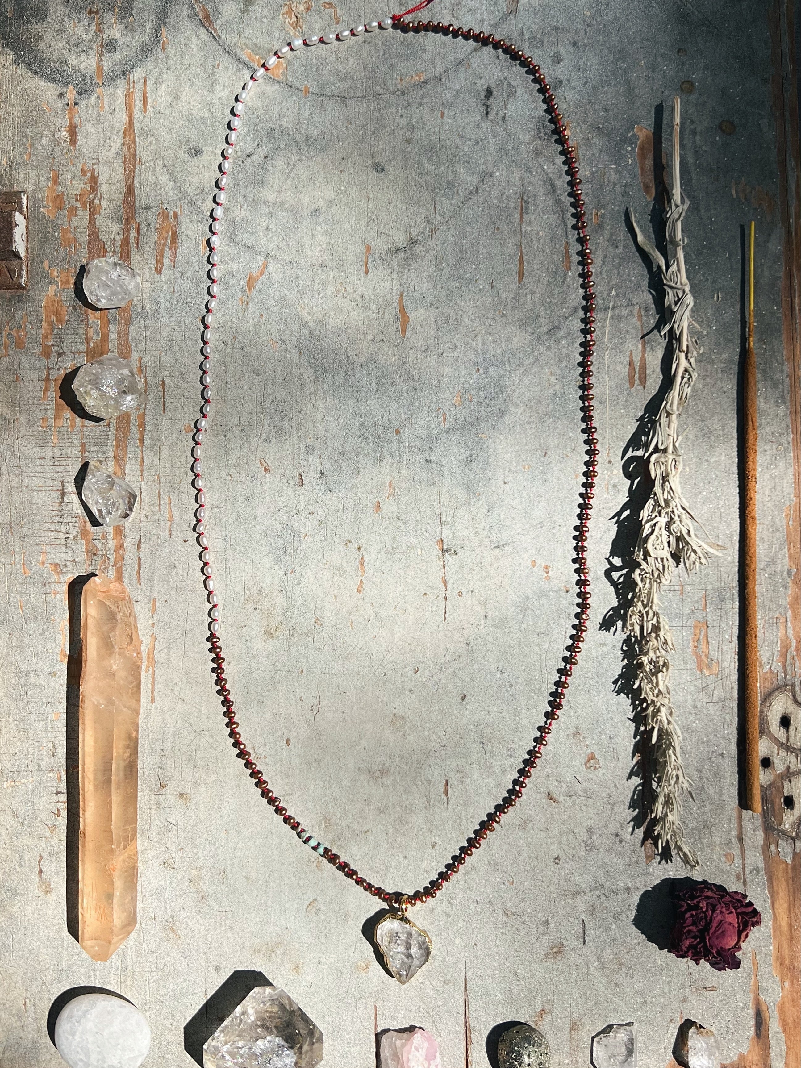 Herkimer Diamond in gold, long mixed pearl mala Sea Ox