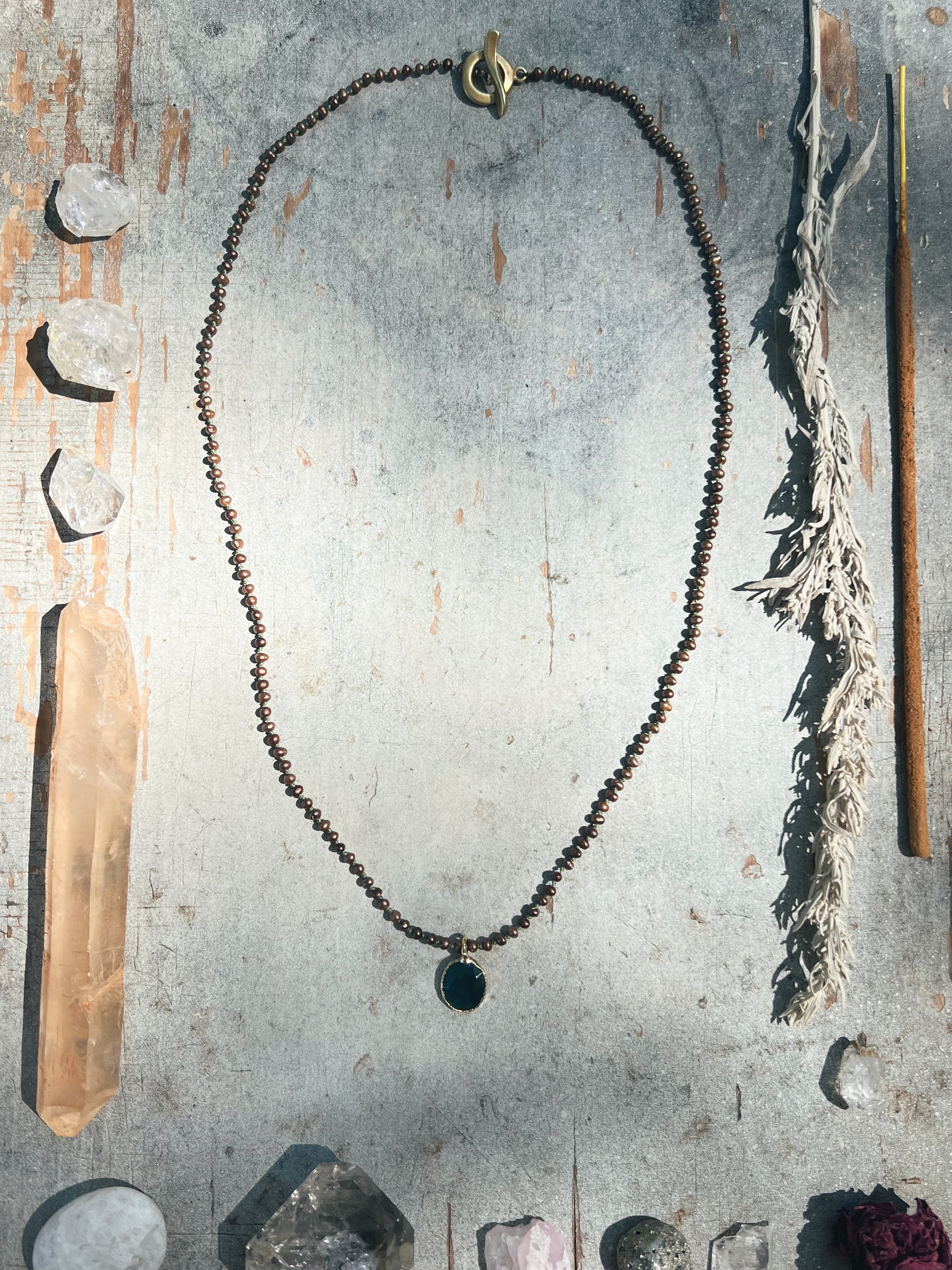 Chocolate Pearls and Teal Roman Glass in Gold Sea Ox