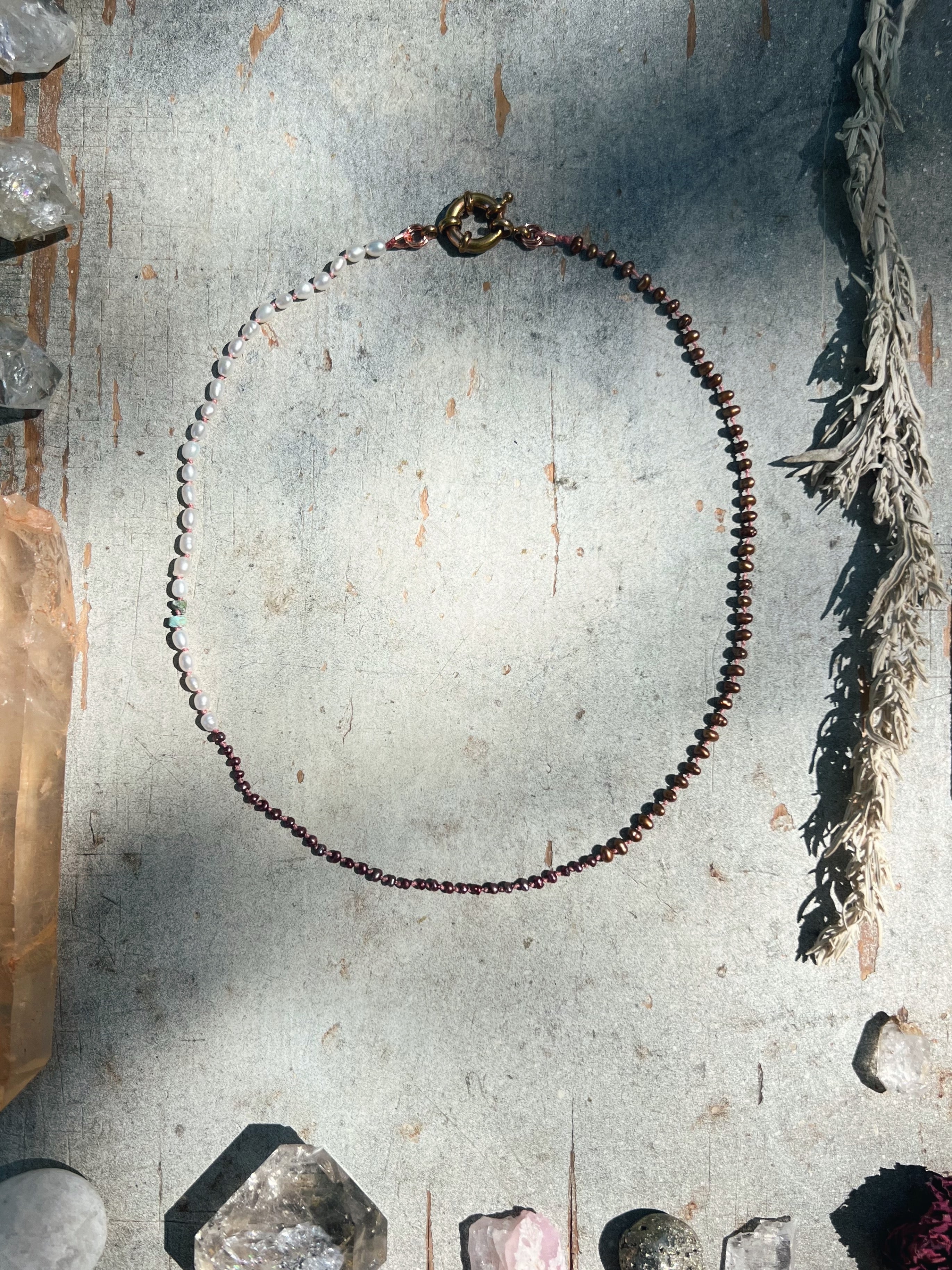 Mixed Pearls and ancient Turquoise choker necklace Sea Ox