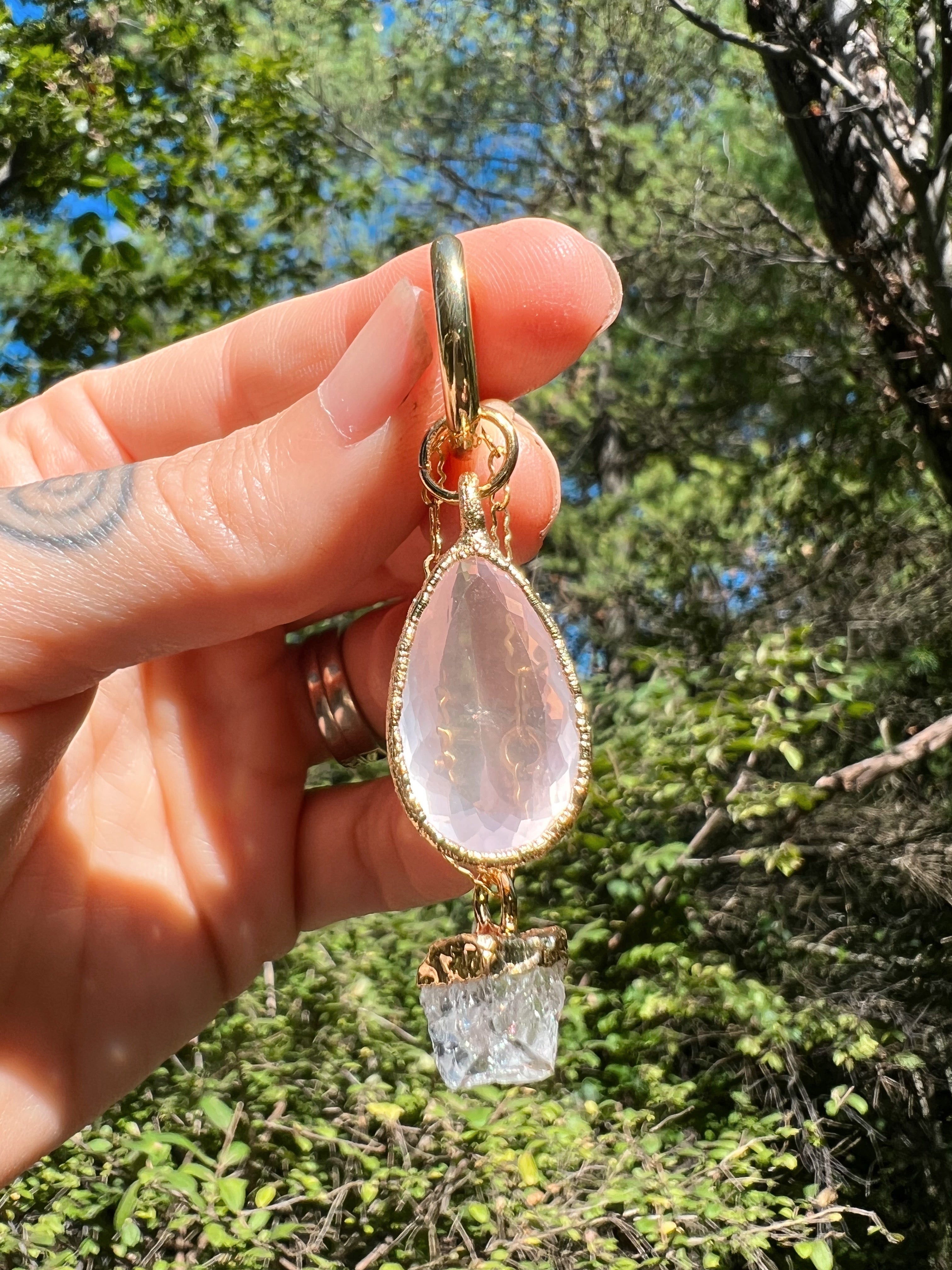 Crystal Pendant Clip: Rose Quartz & Satyaloka Azeztulite in Gold Sea Ox