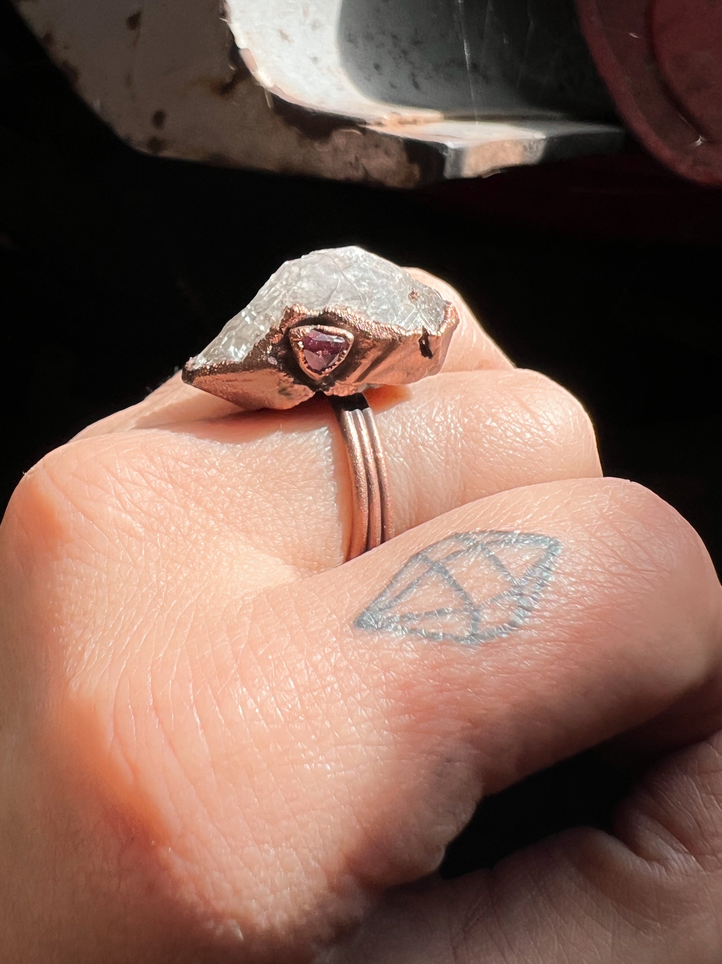 Herkimer Diamond + Garnet Ring, size 7