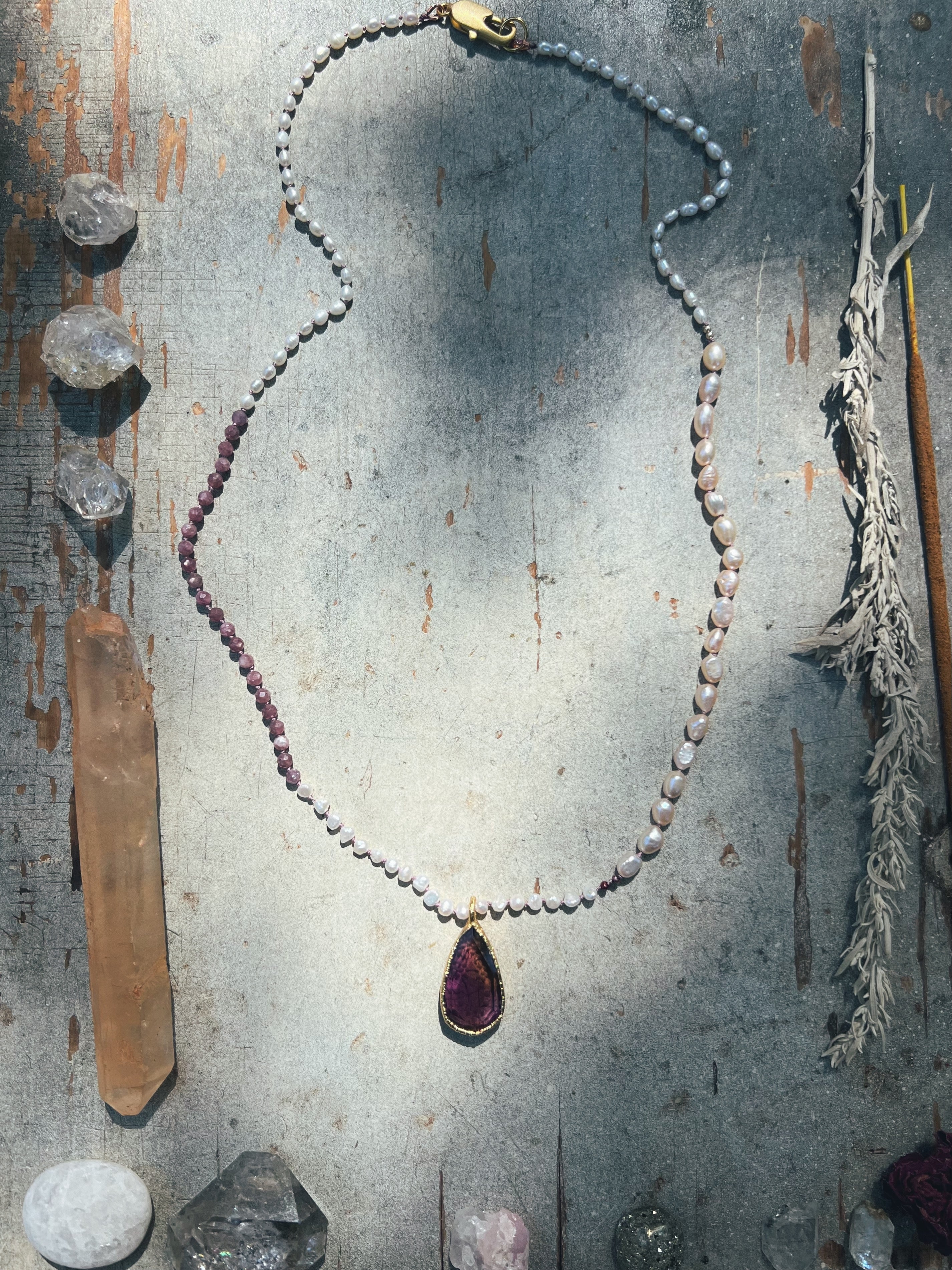 Ametrine Intaglio Pendant, Pearl and gemstone beads Sea Ox