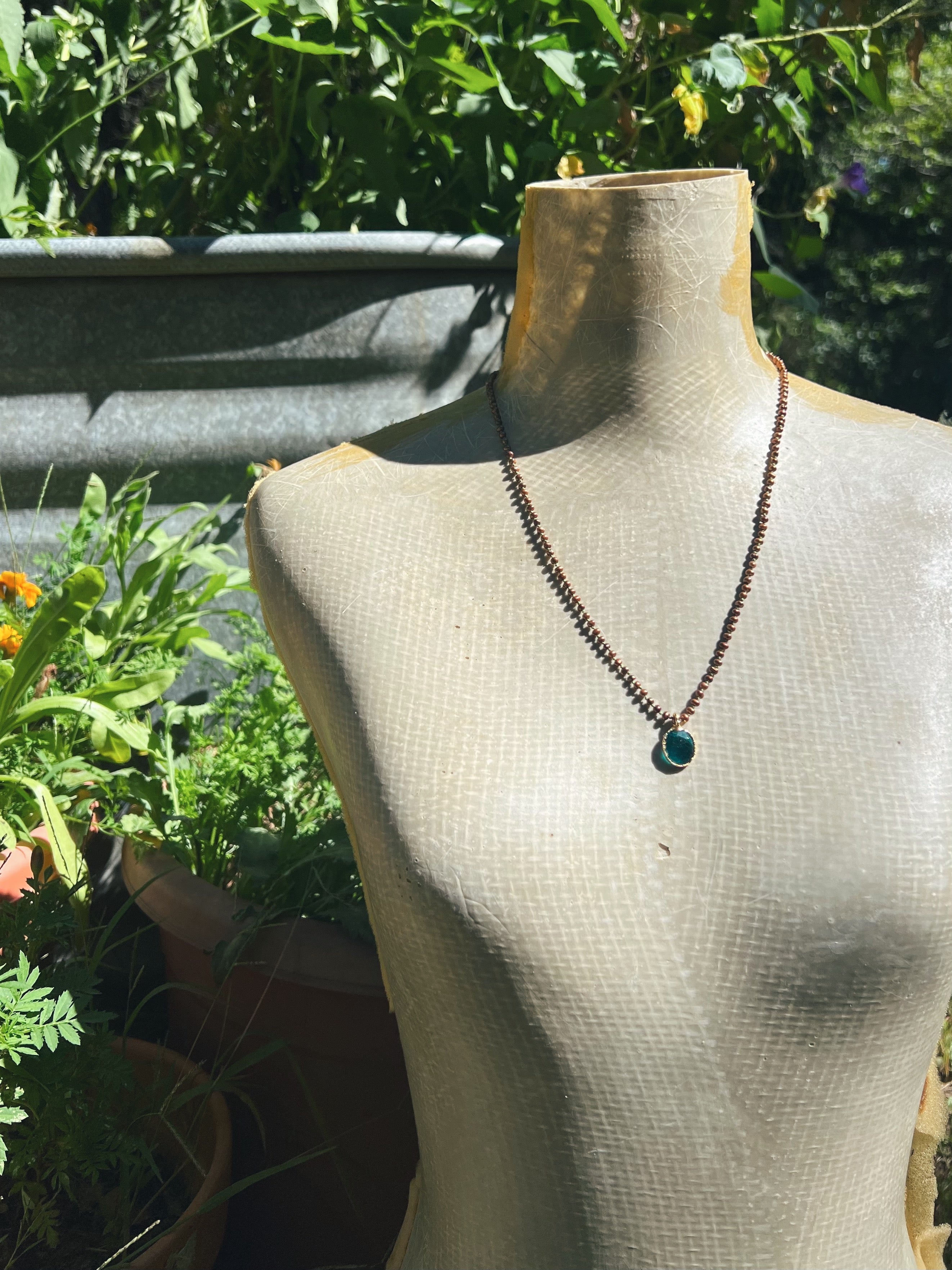 Chocolate Pearls and Teal Roman Glass in Gold Sea Ox