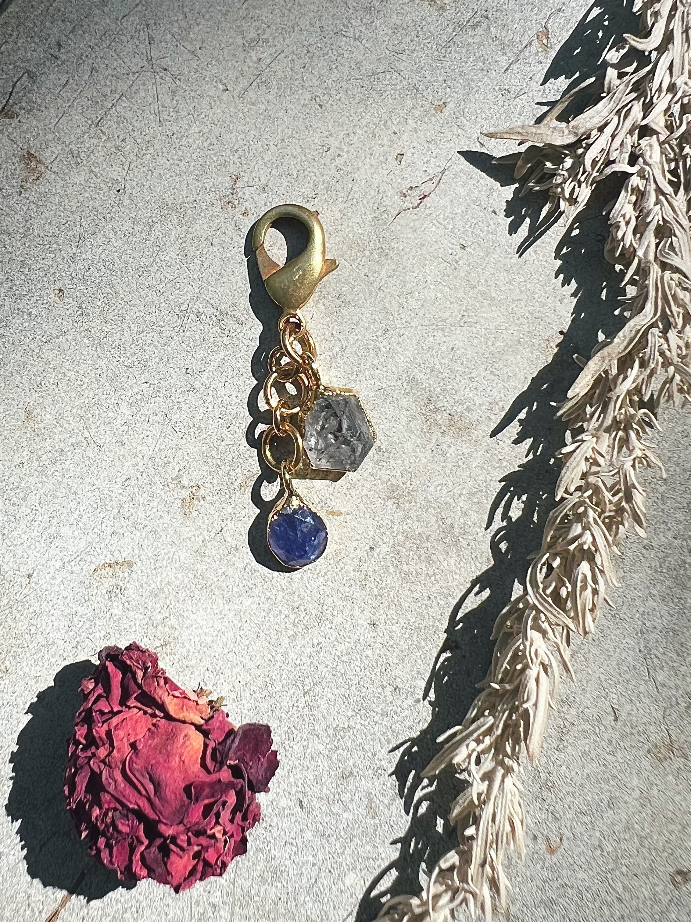 Crystal Pendant Clip: Tibetan Quartz and Tanzanite in gold Sea Ox