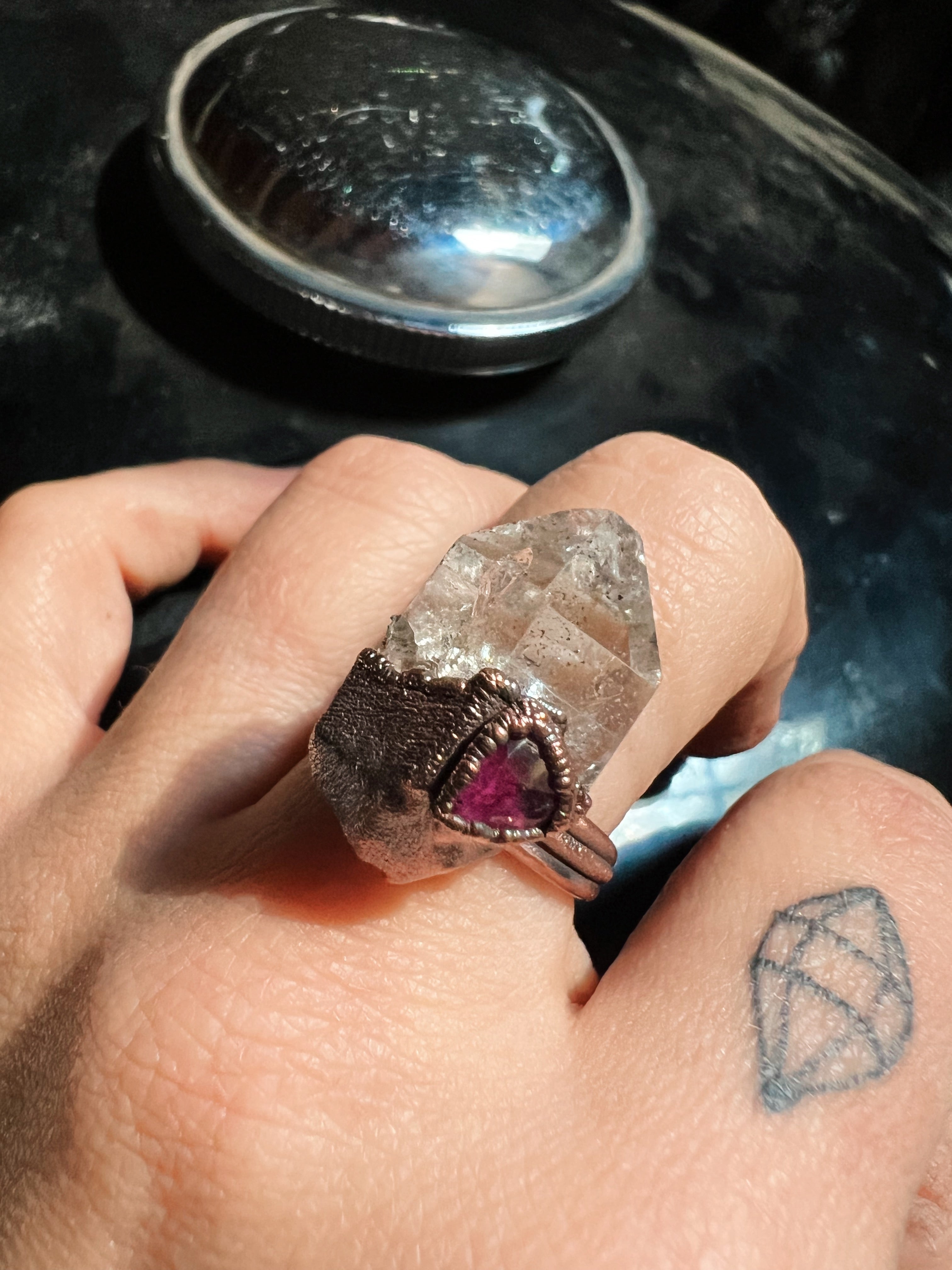 Herkimer Diamond + Garnet Ring, size 7