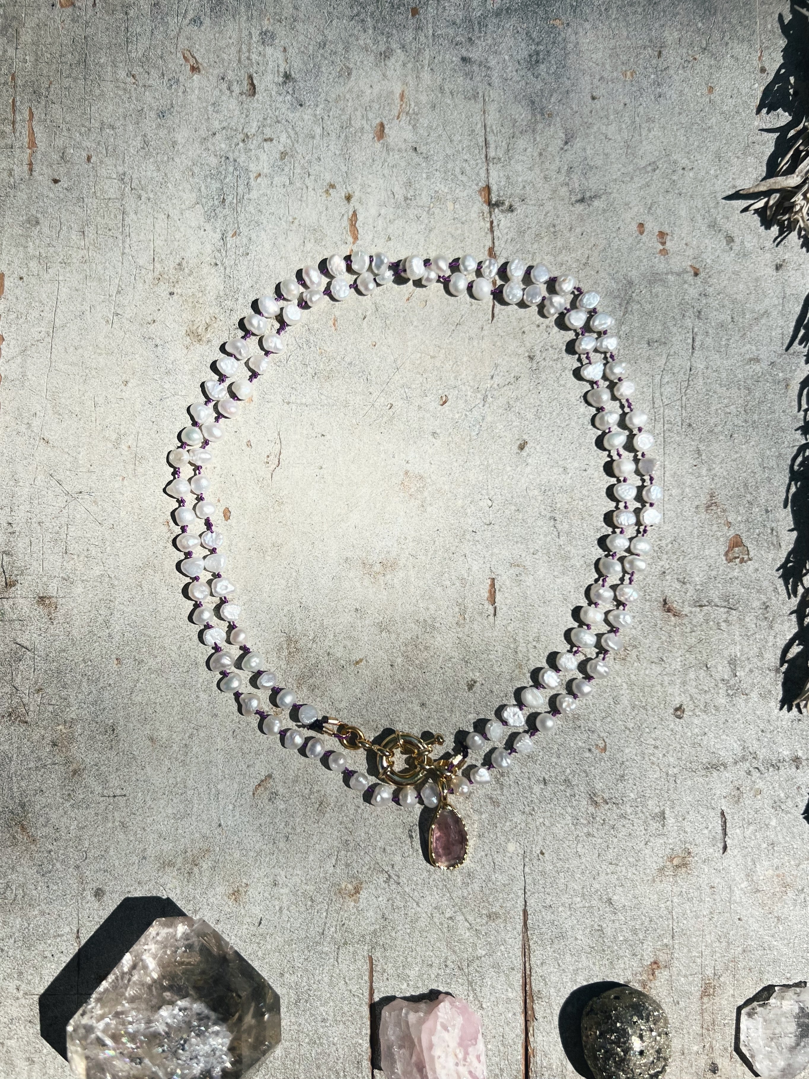 Pink Tourmaline in gold on white pearls Sea Ox