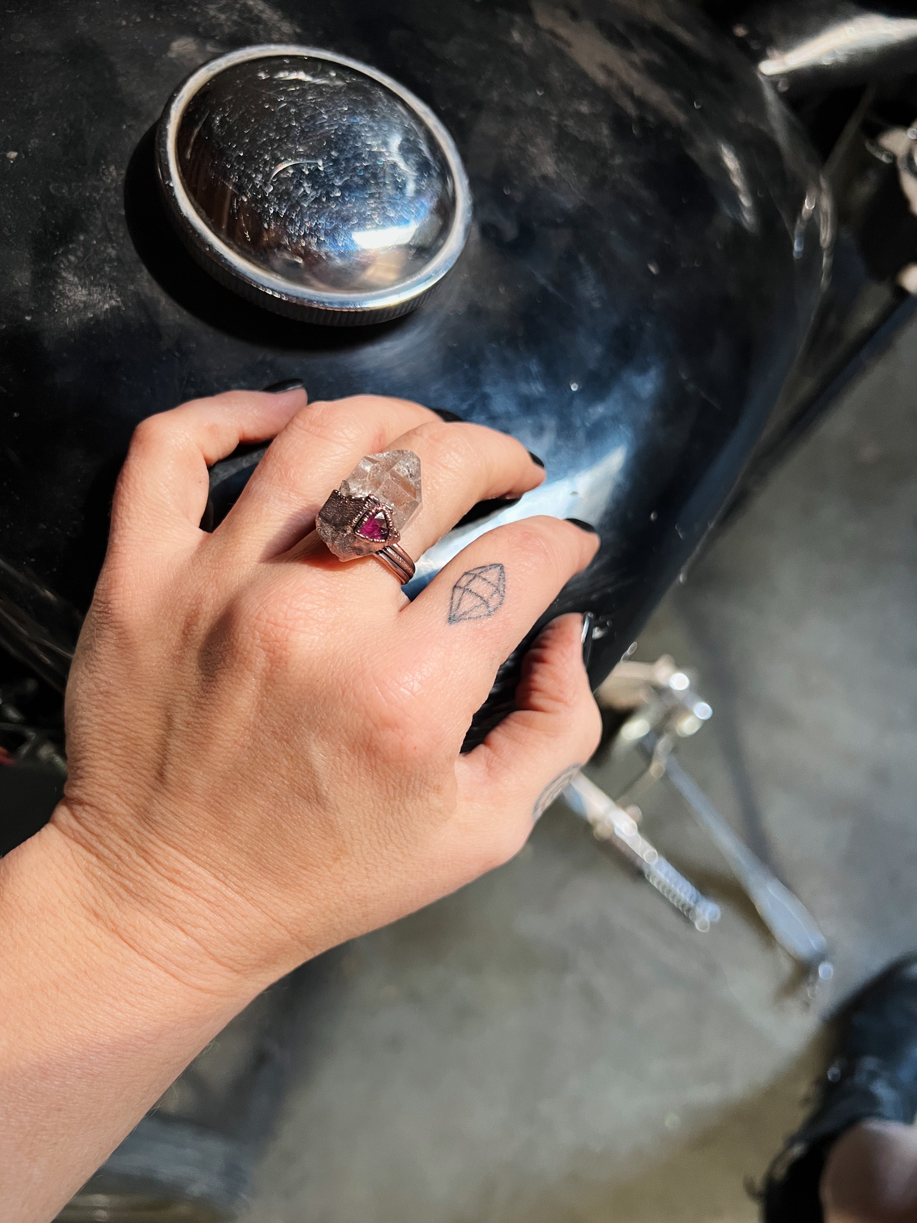 Herkimer Diamond + Garnet Ring, size 7