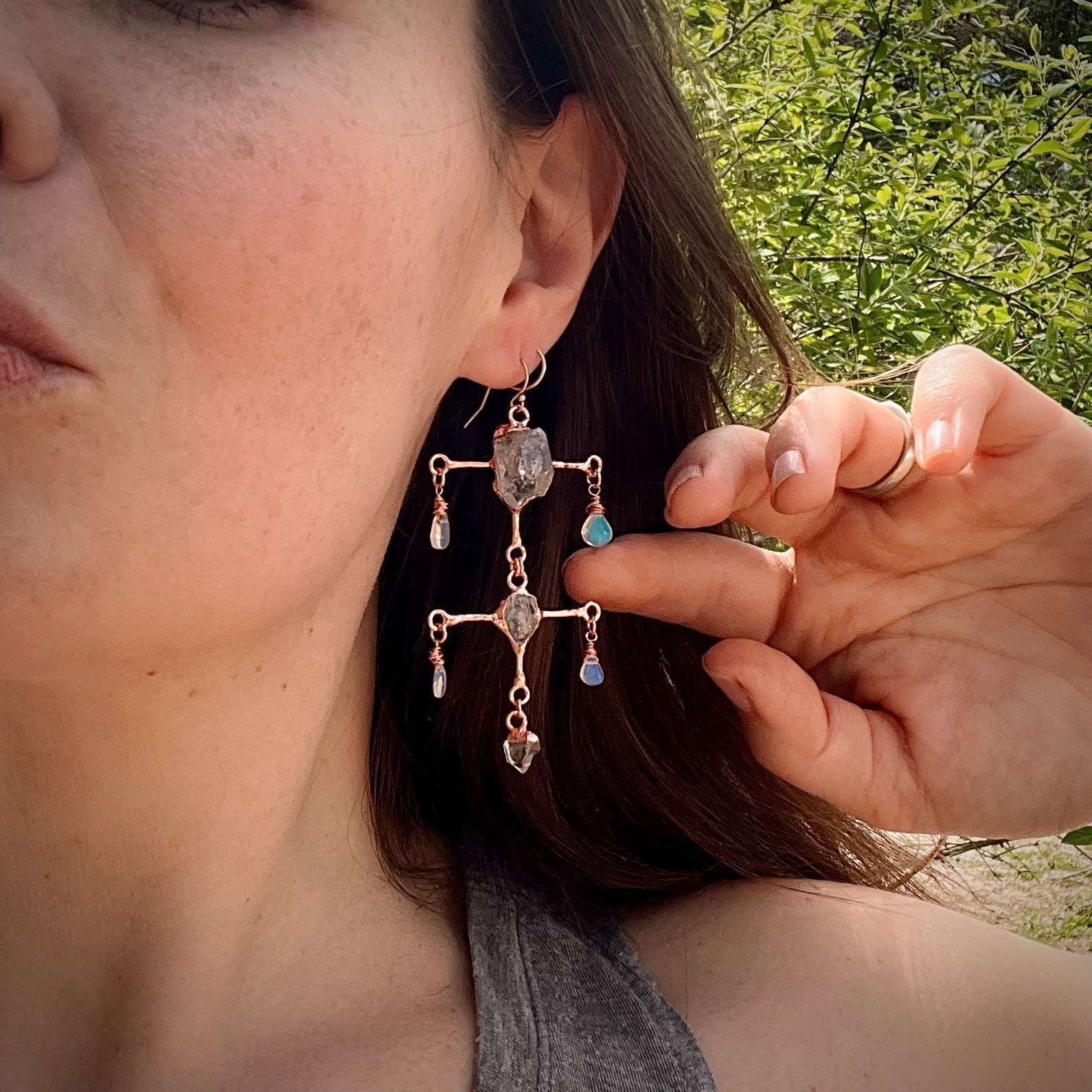 Herkimer Diamond & Opal Chandelier Earrings II