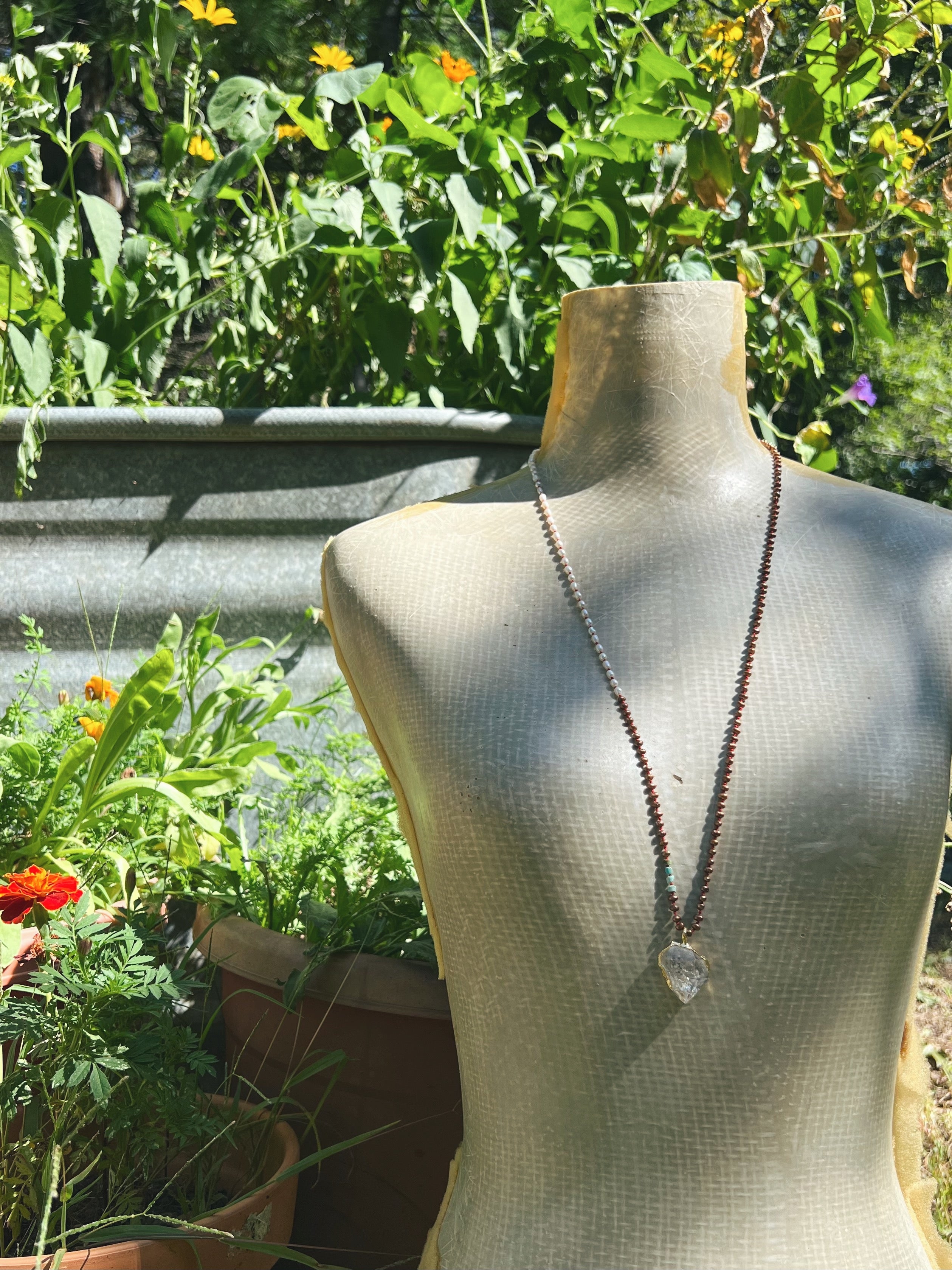 Herkimer Diamond in gold, long mixed pearl mala Sea Ox