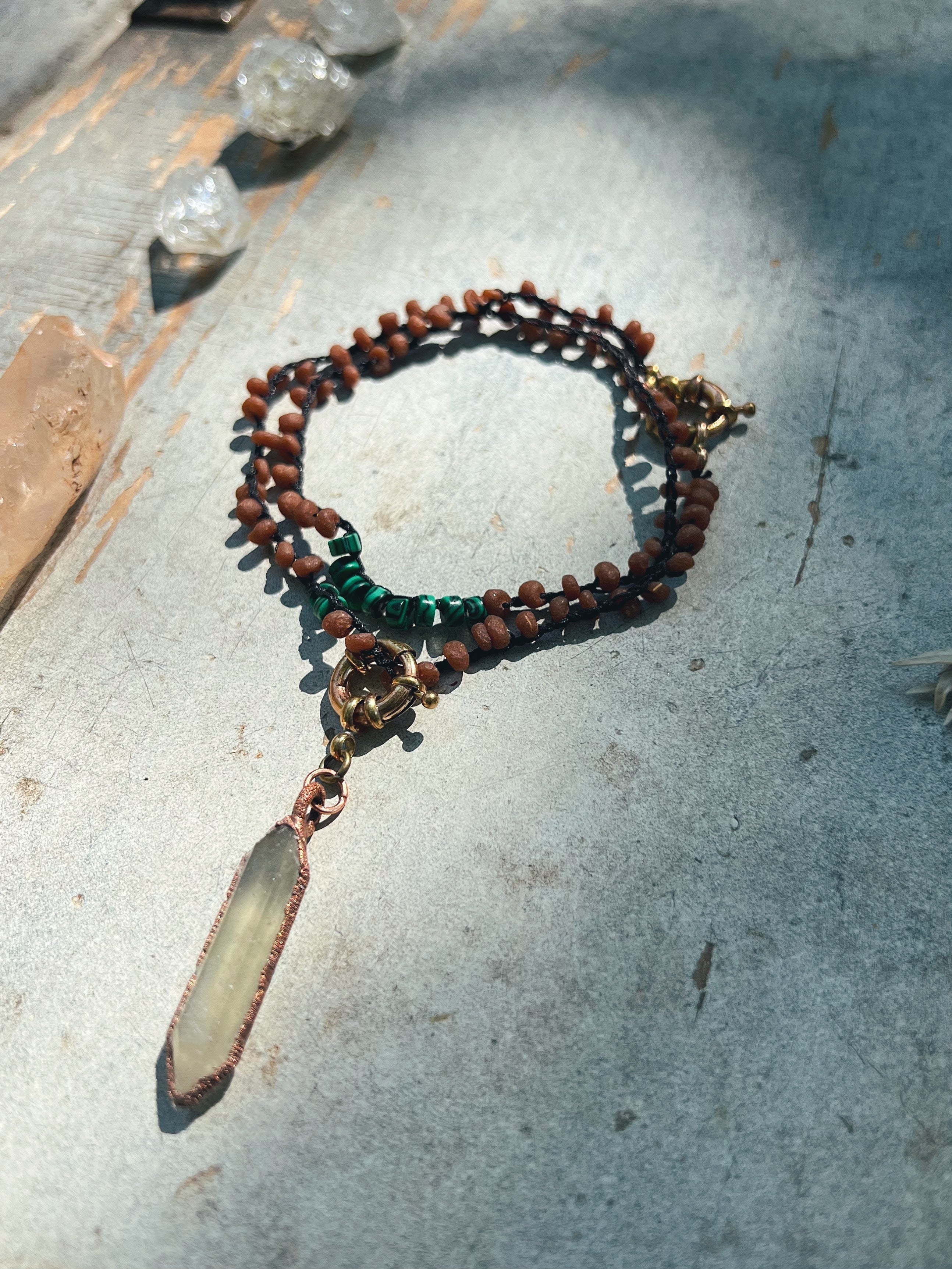 Myrrh and Malachite beads, Libyan Desert Glass pendant Sea Ox