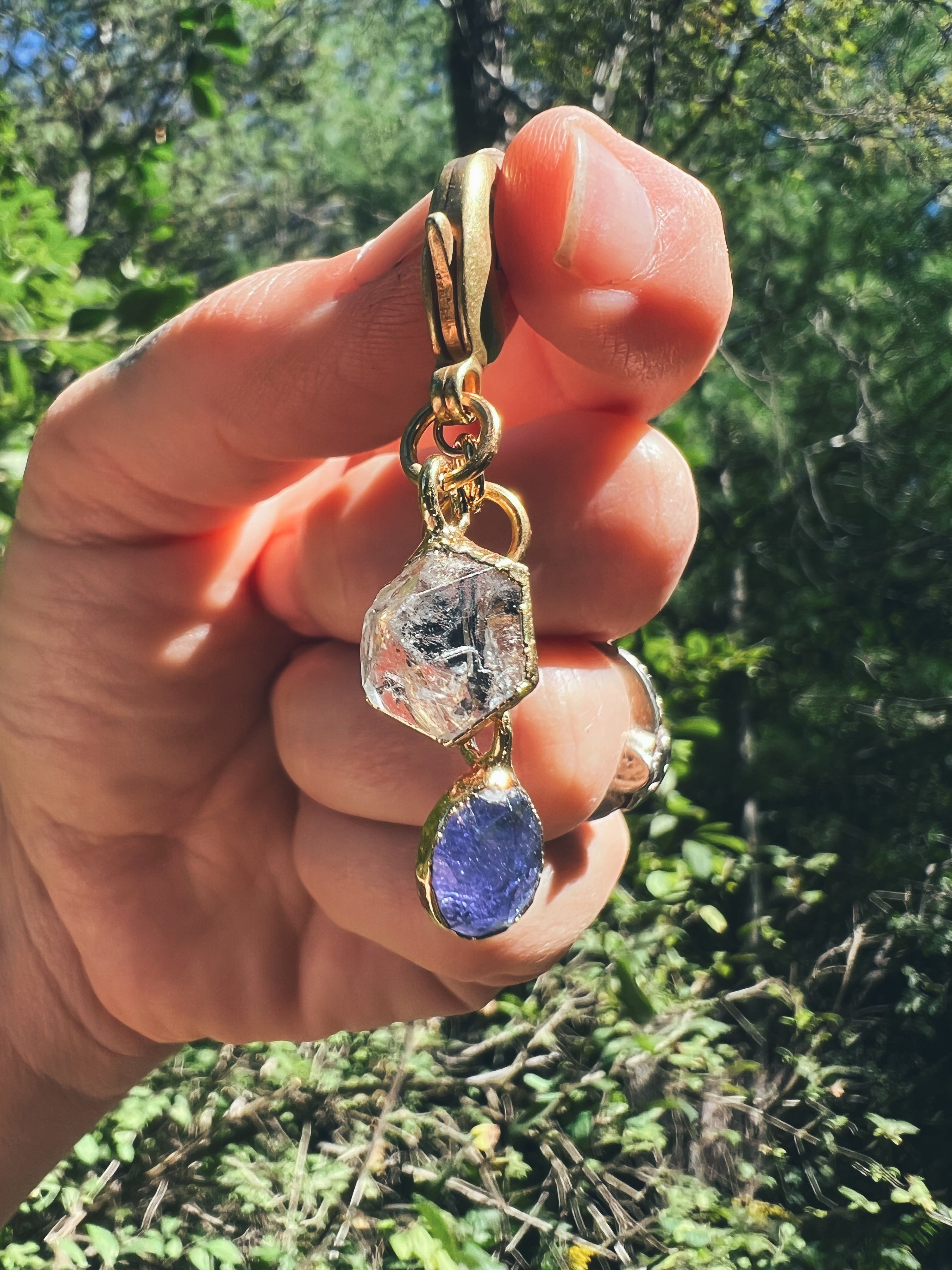 Crystal Pendant Clip: Tibetan Quartz and Tanzanite in gold Sea Ox