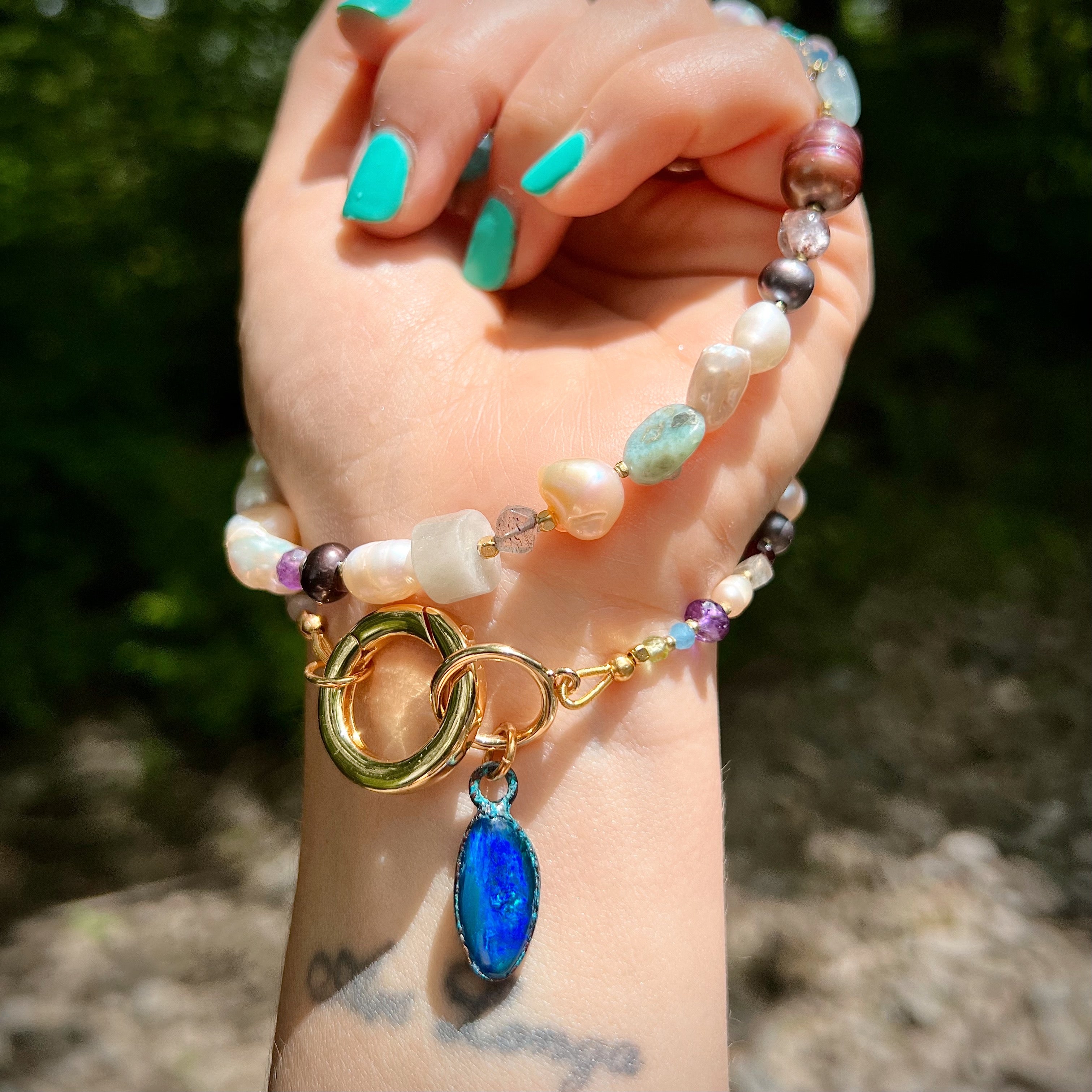 Boulder Opal, chunky golden clasp & pearls