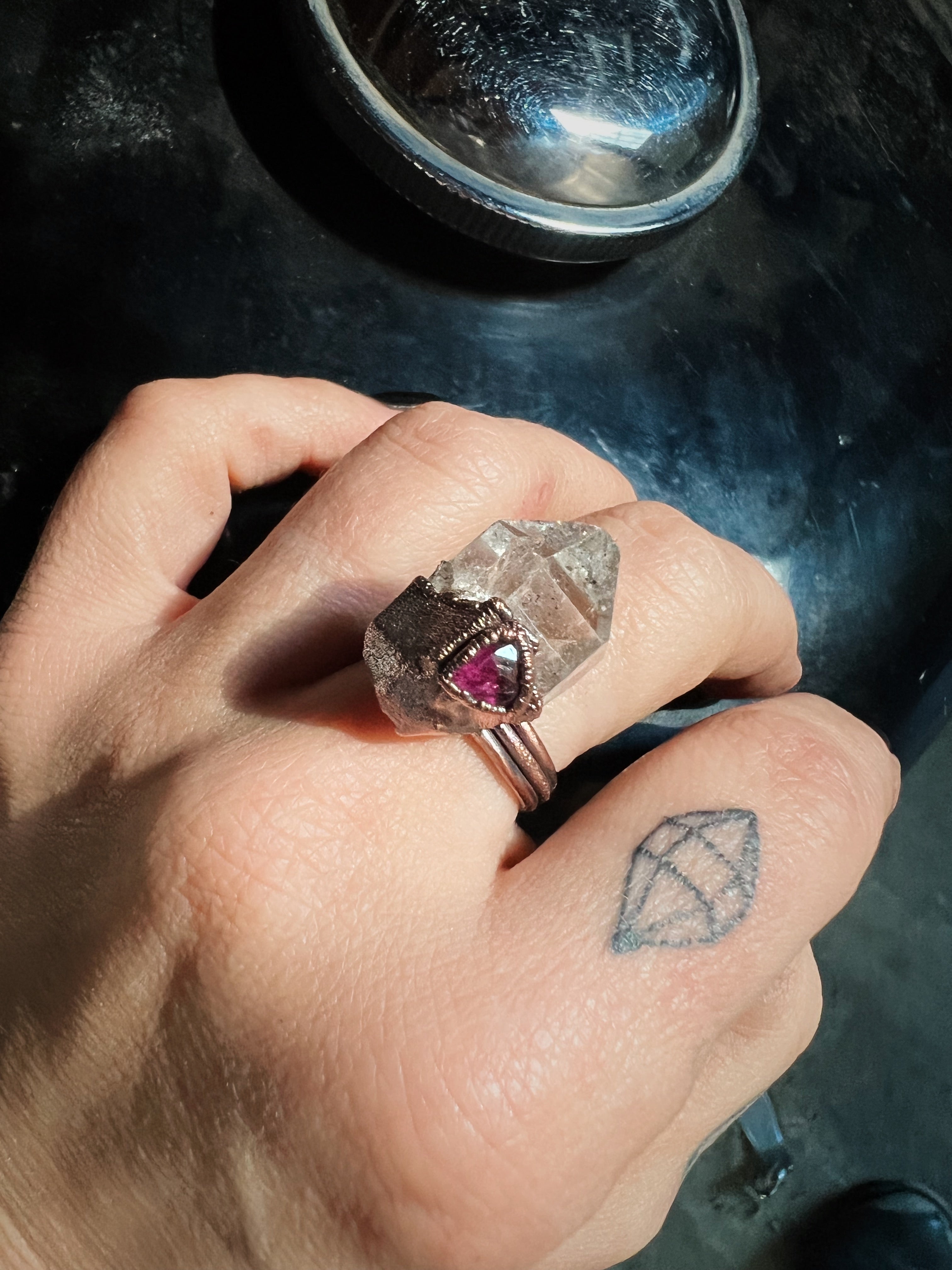 Herkimer Diamond + Garnet Ring, size 7