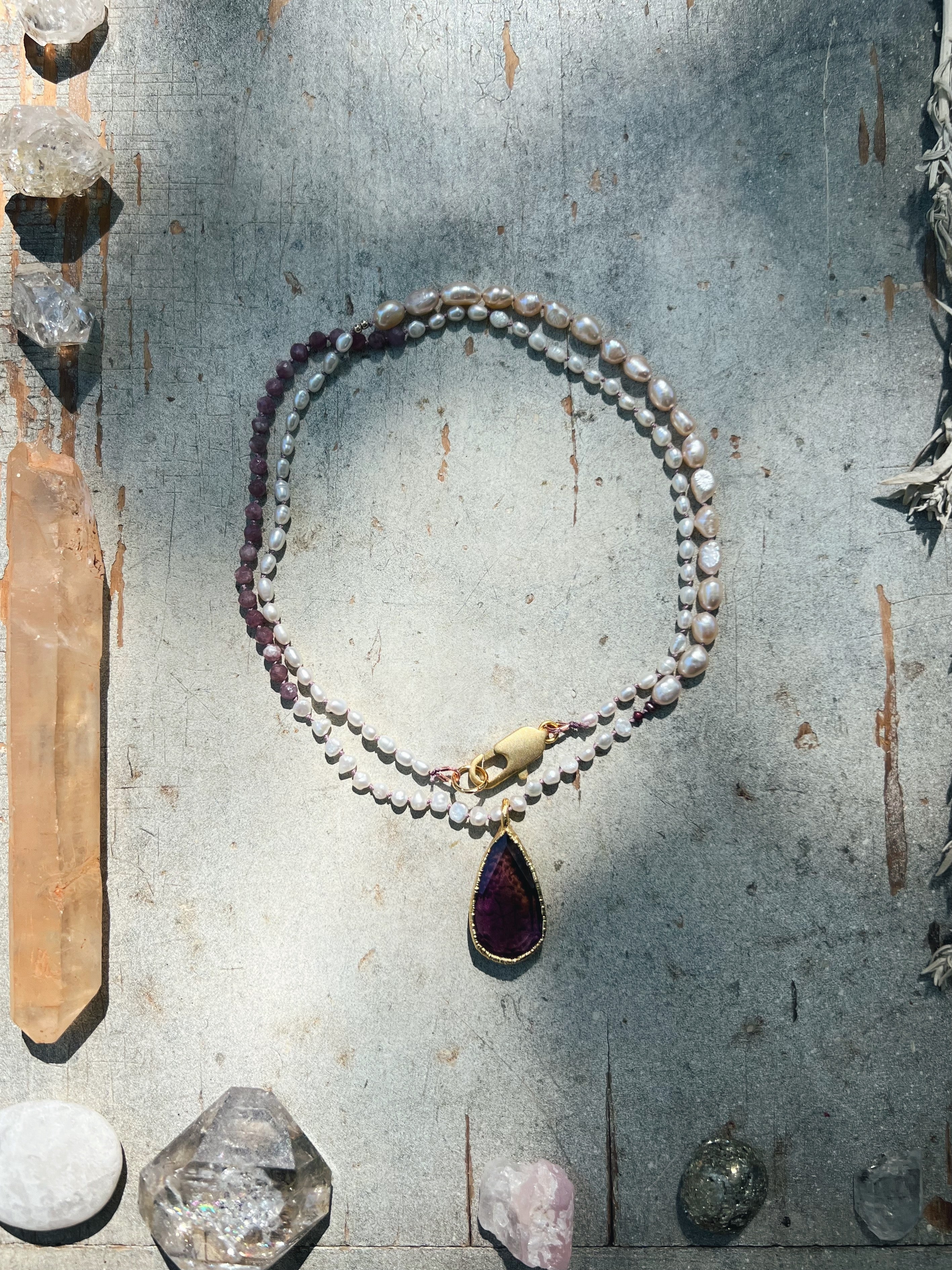 Ametrine Intaglio Pendant, Pearl and gemstone beads Sea Ox