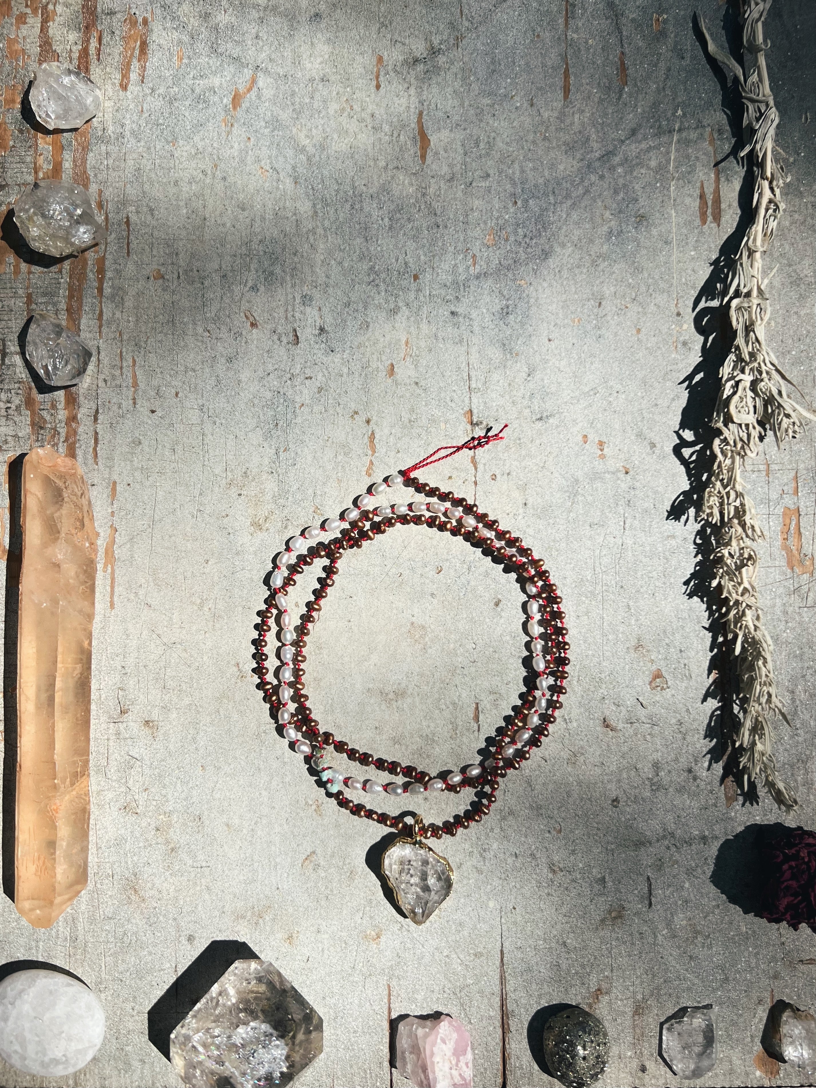 Herkimer Diamond in gold, long mixed pearl mala Sea Ox