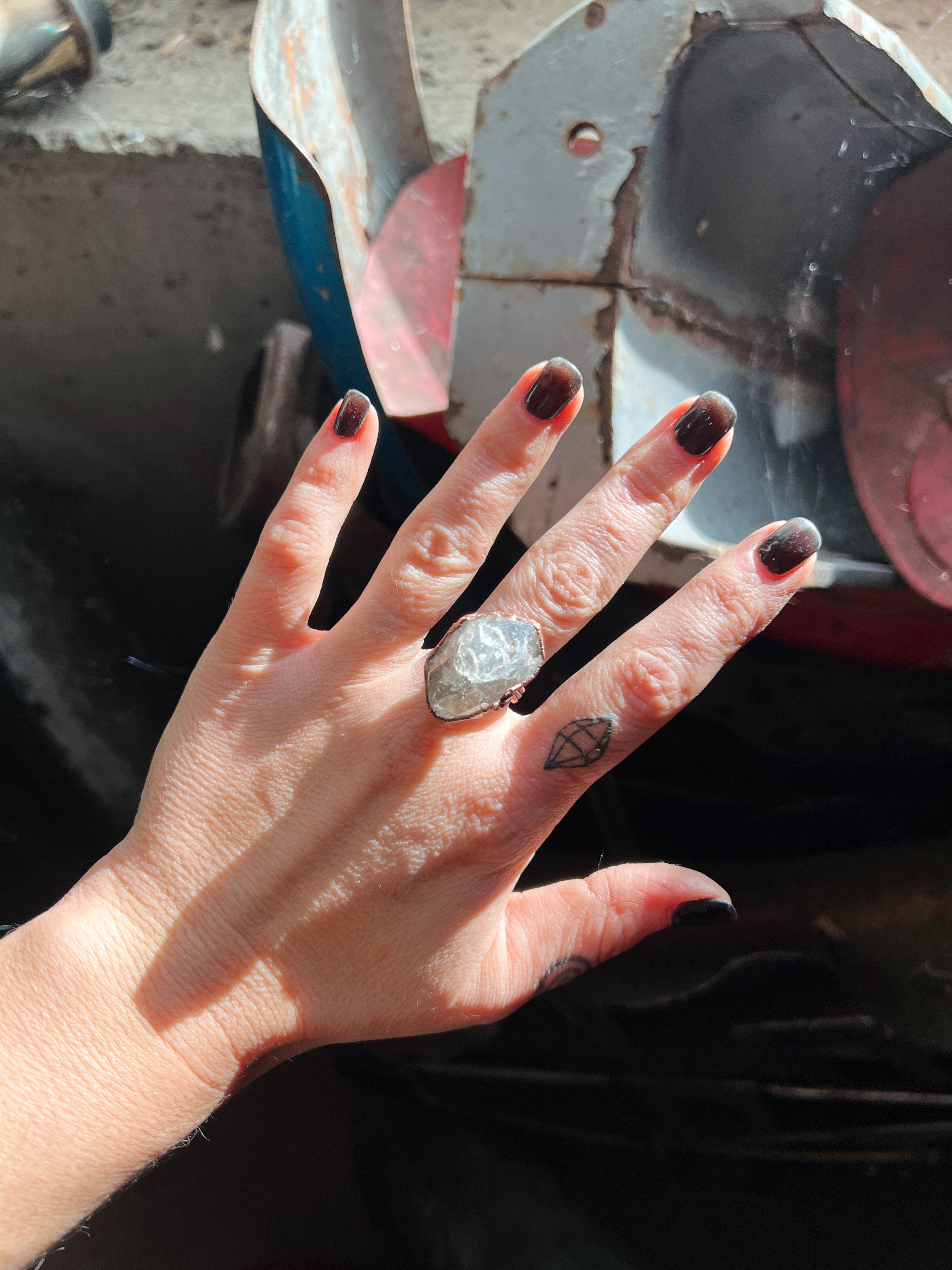 Herkimer Diamond + Garnet Ring, size 7