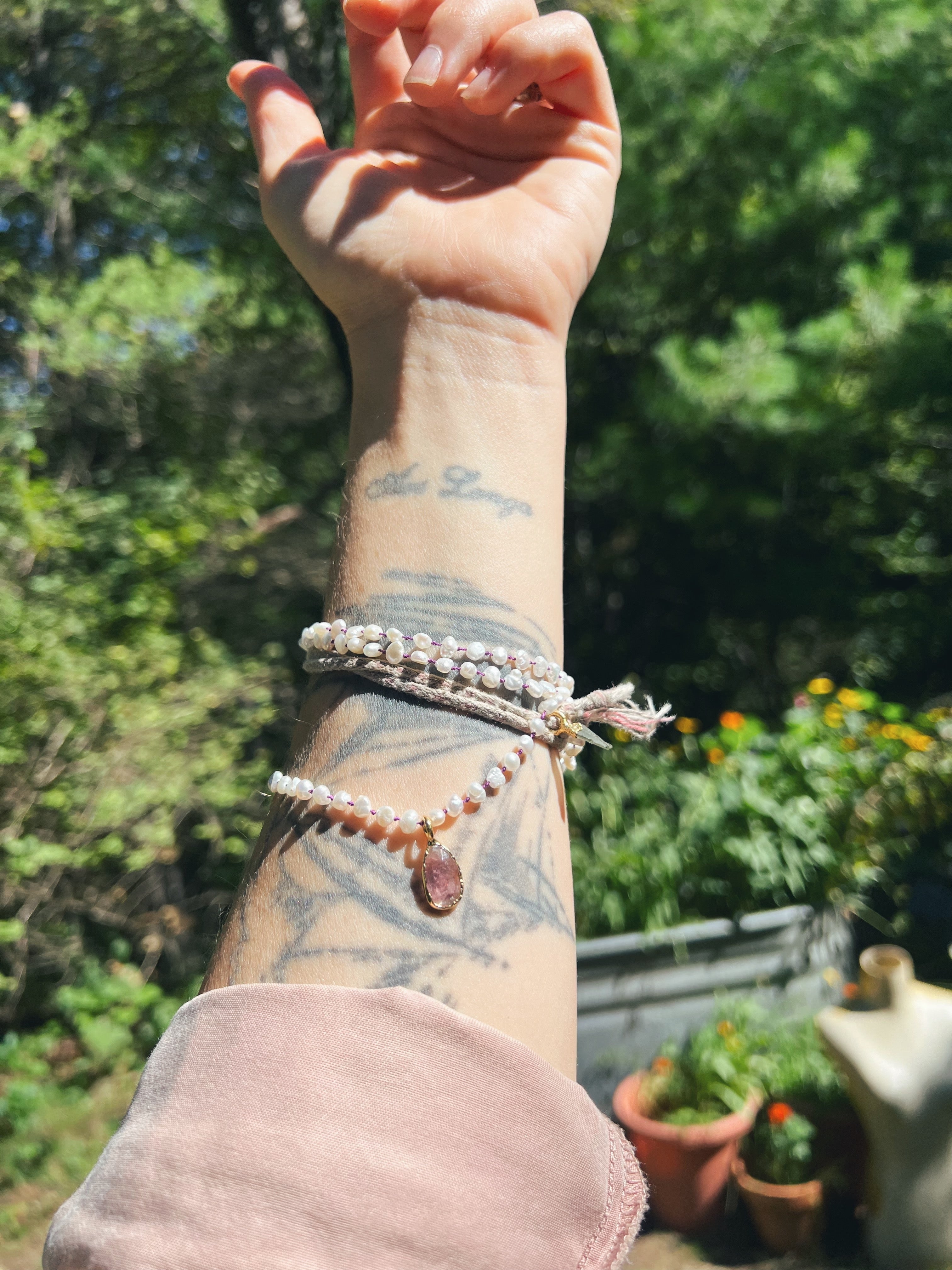 Pink Tourmaline in gold on white pearls Sea Ox