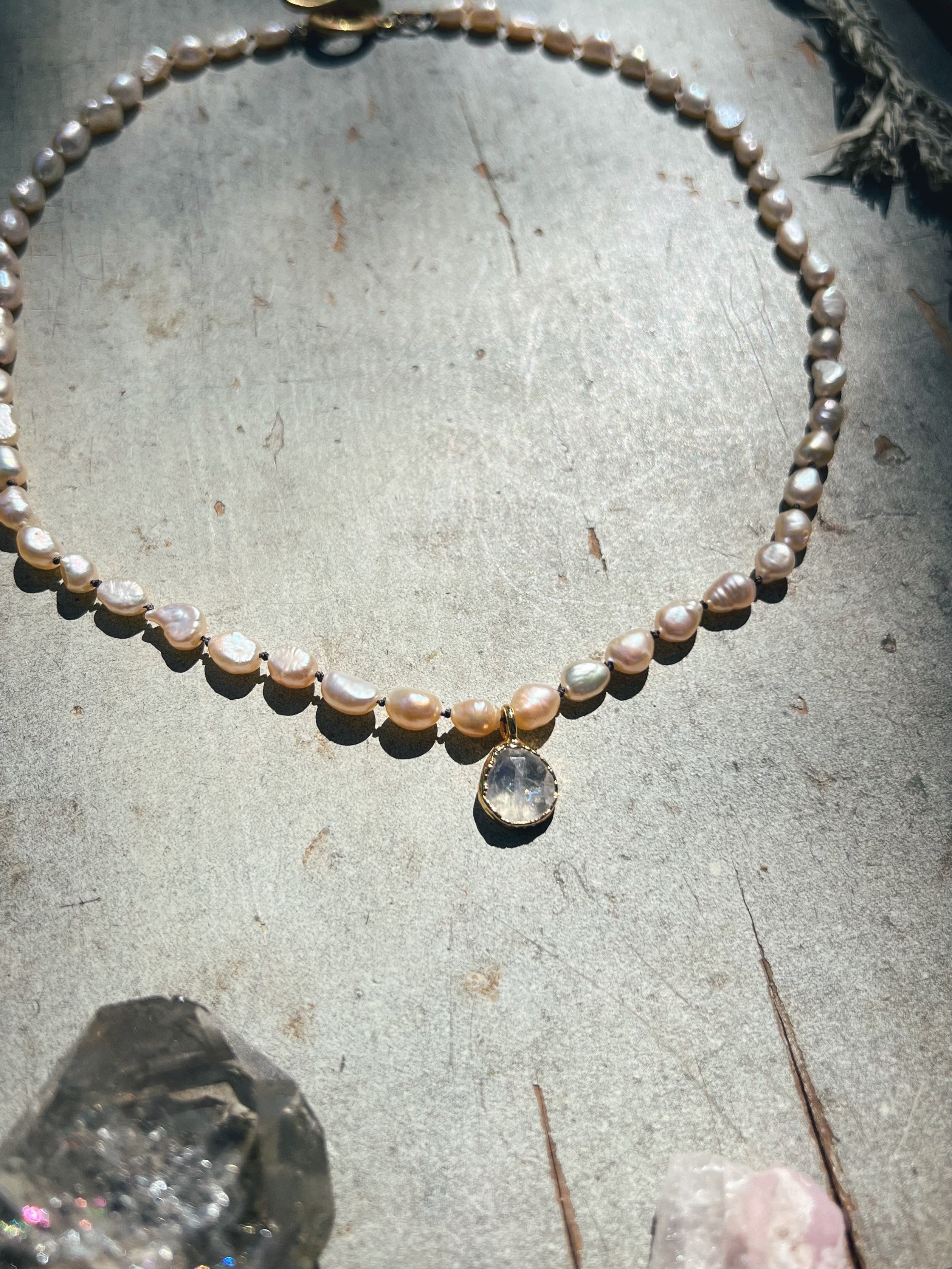 Moonstone in gold, white pearls Sea Ox