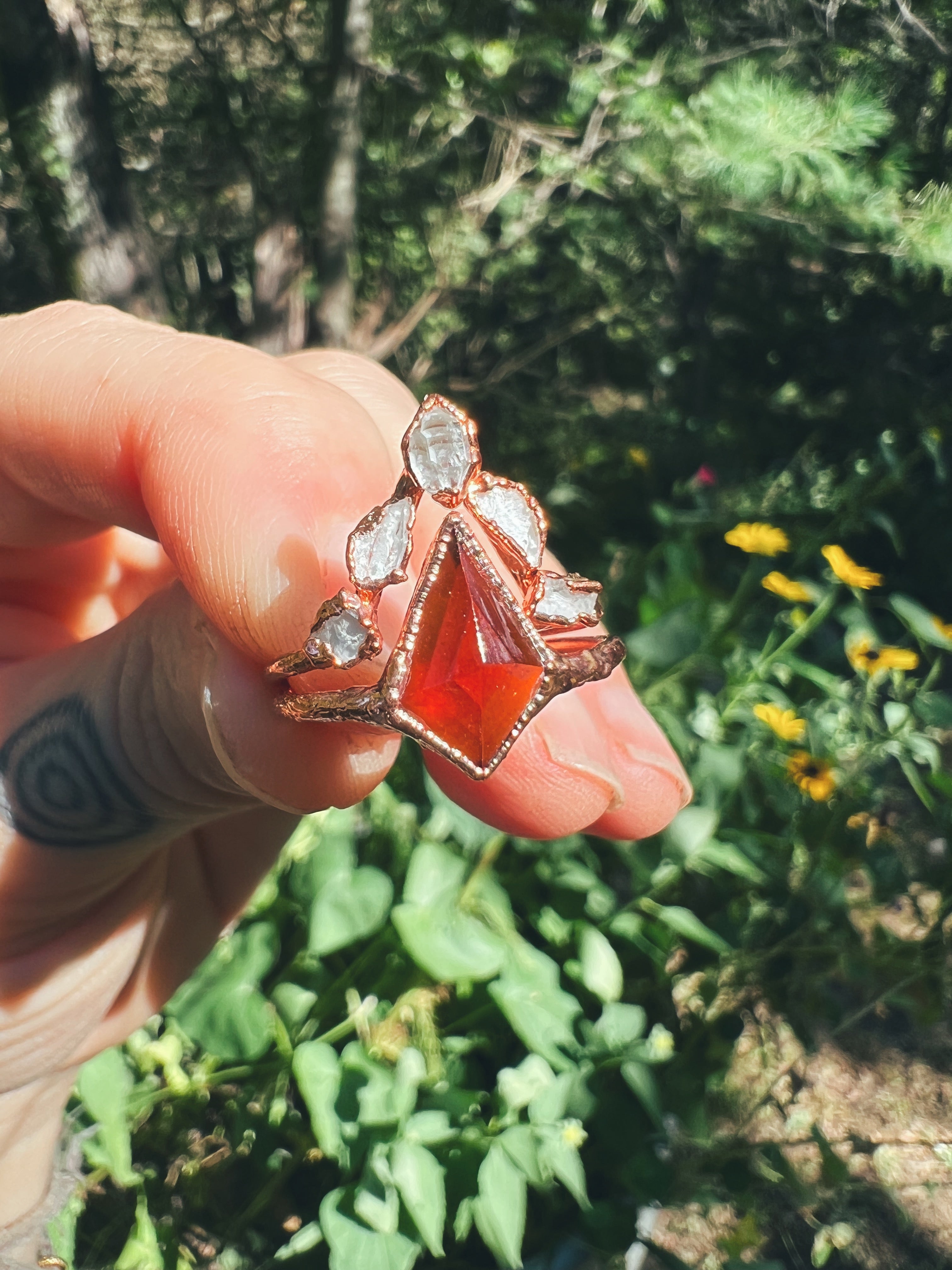 Hessonite Garnet, Herkimer Diamond, Phenacite fairy ring stack Sea Ox