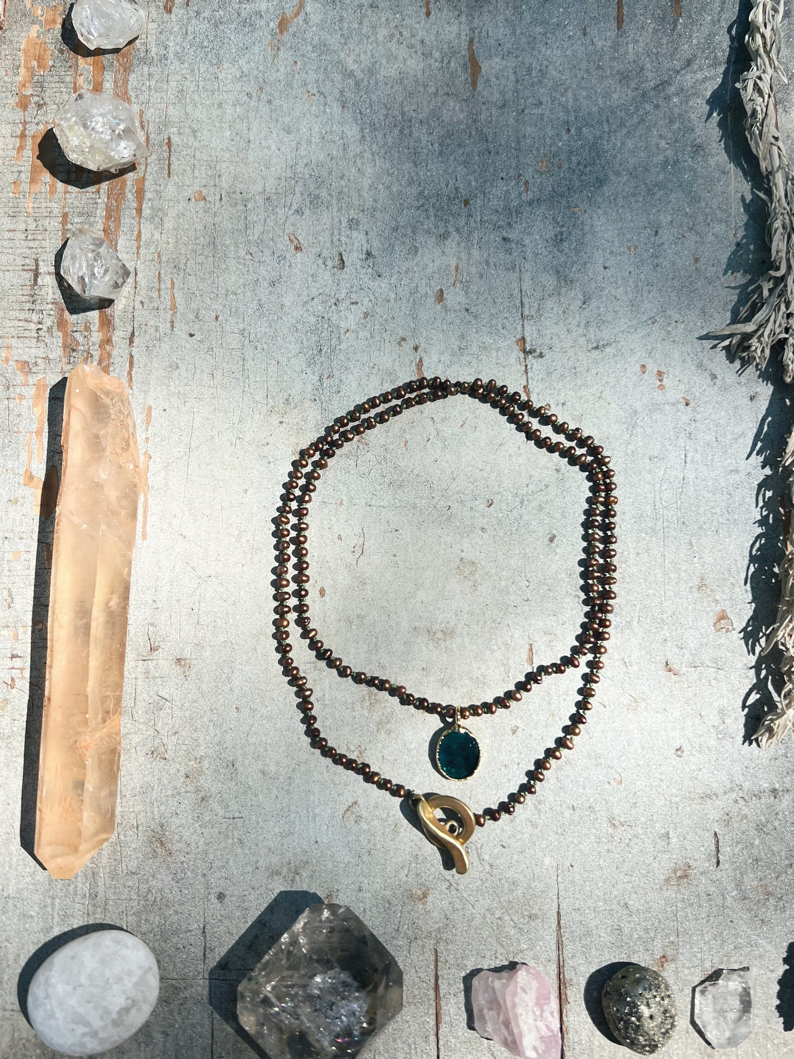 Chocolate Pearls and Teal Roman Glass in Gold Sea Ox