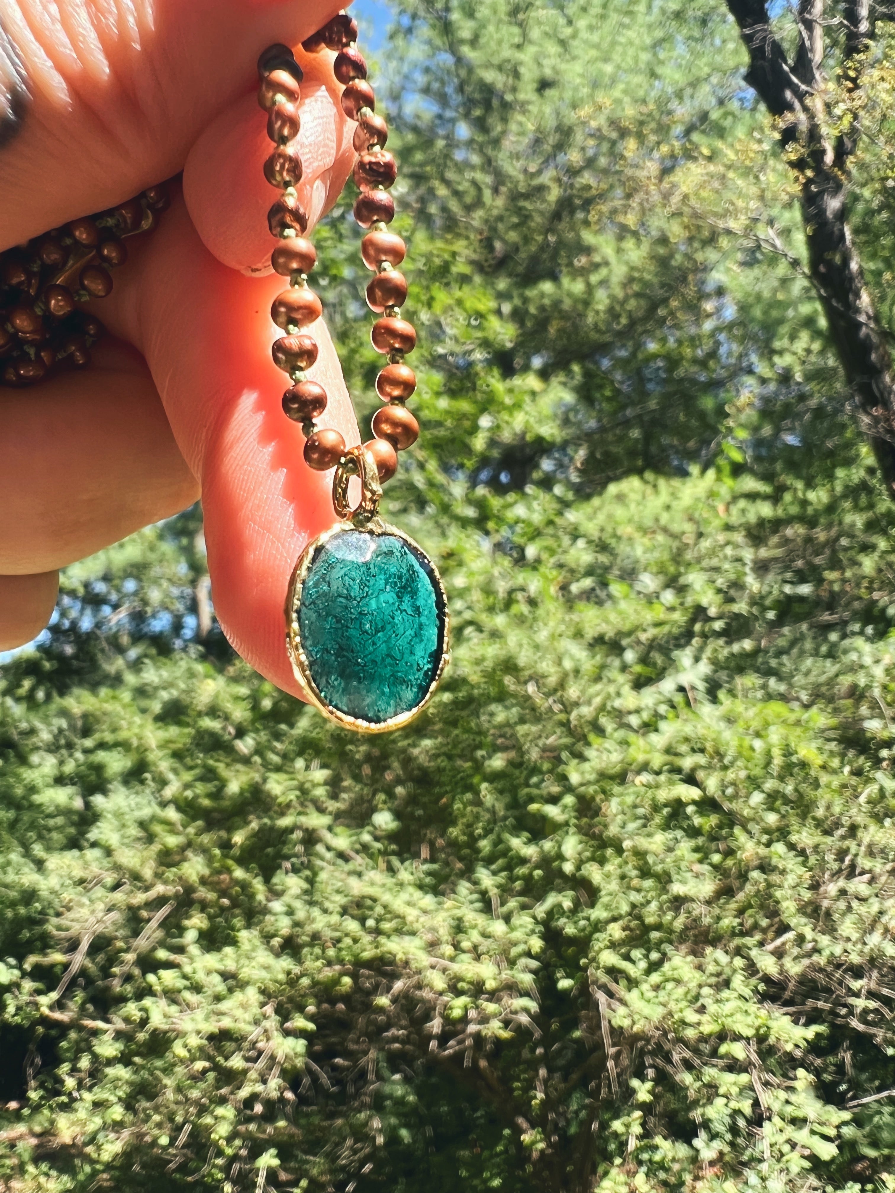 Chocolate Pearls and Teal Roman Glass in Gold Sea Ox