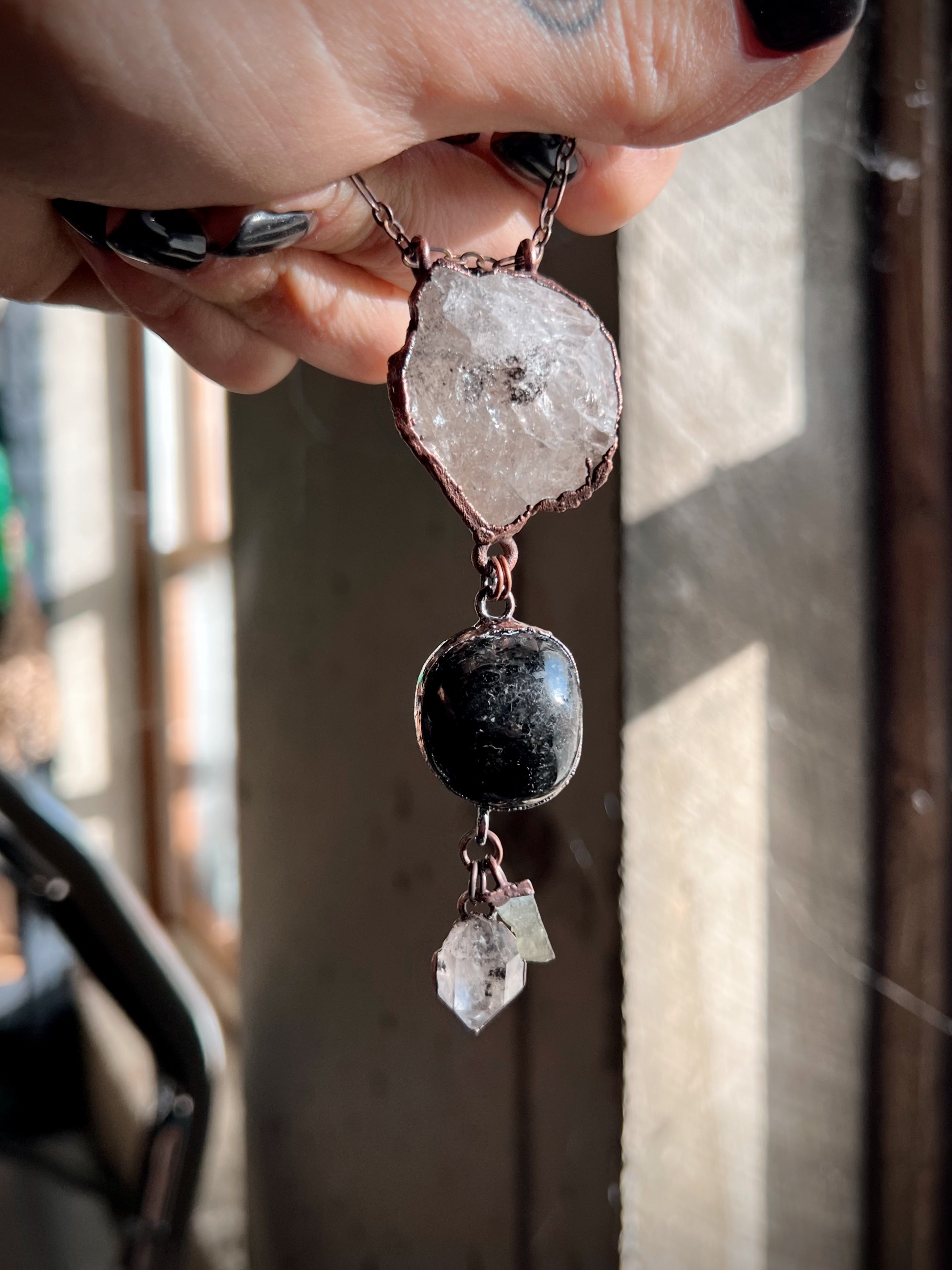 Herkimer Diamond + Nuumite + Moldavite